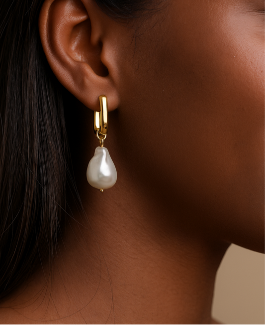 ROMALI 18k Gold-Plated Drop Shell Pearl Rectangle Hoop Dangle Earrings - ROMALI