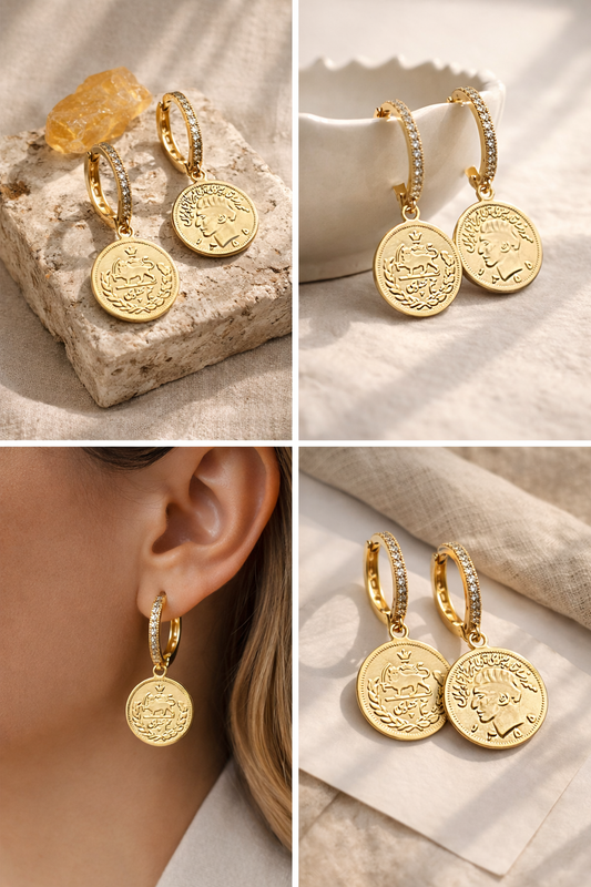ROMALI Lion & Sun Iranian Coin Hoop Dangle Earrings | 18K Gold-Plated