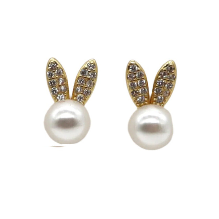 ROMALI 18k Gold-Plated Bunny Pearl Stud Earrings with Crystal
