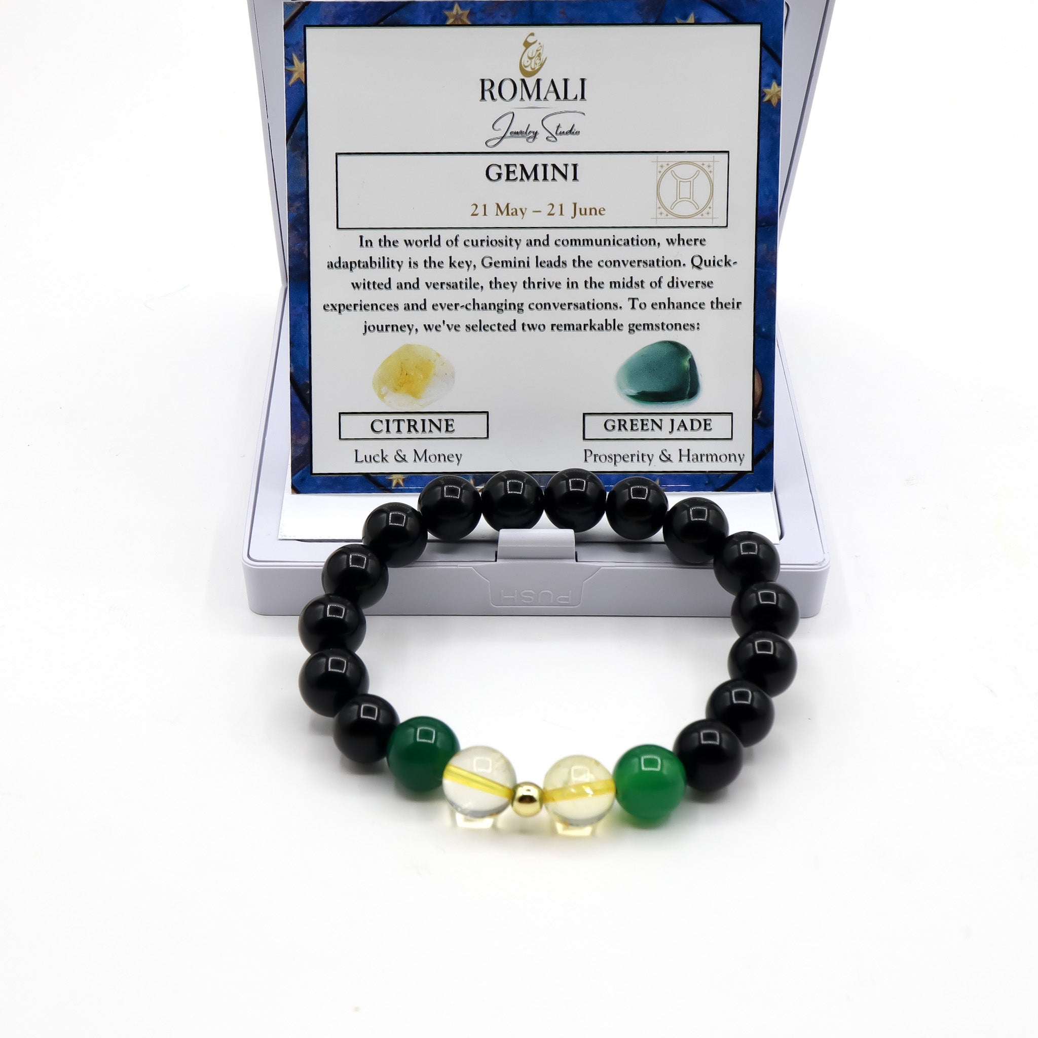 Gemini Zodiac Bracelet - Green Jade & Citrine