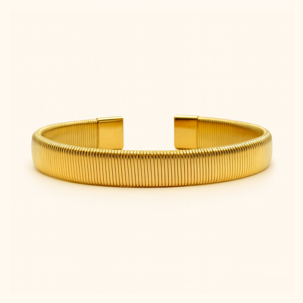 ROMALI 18K Gold-Plated Ribbed Cuff Bracelet – Modern Minimalist Gold Bangle