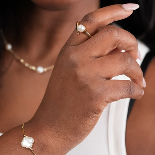 ROMALI 18K Gold Plated Solo Pearl Adjustable Ring - ROMALI