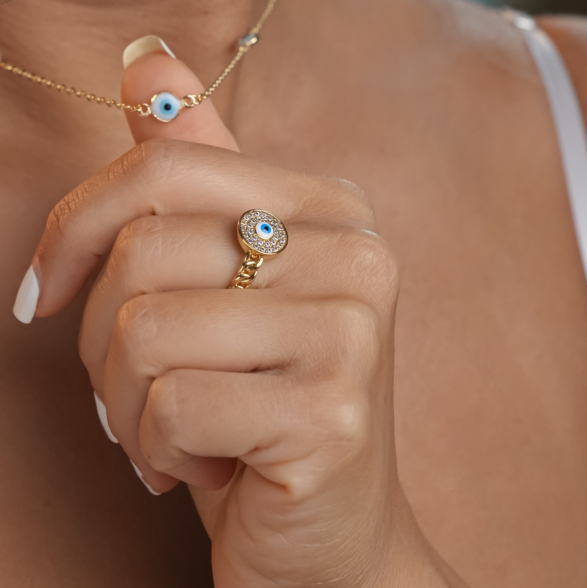 ROMALI 18K Gold-Plated Evil Eye Adjustable Ring - ROMALI