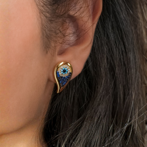 ROMALI 18K Gold-Plated Teardrop Peacock Eye Stud Earrings – Blue Crystal Protection