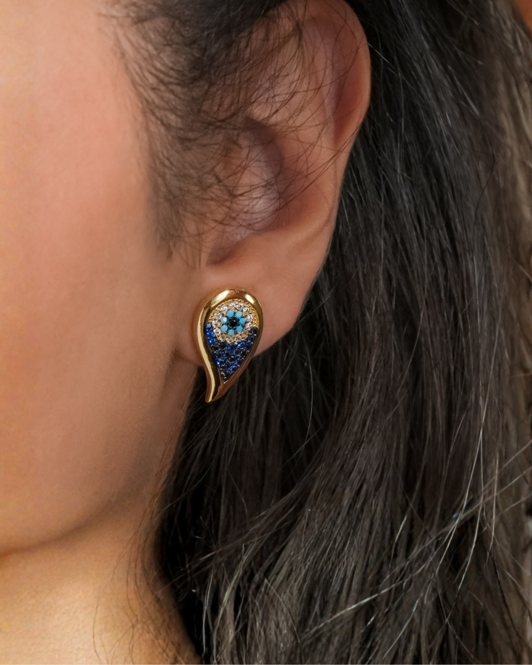 ROMALI 18K Gold-Plated Teardrop Peacock Eye Stud Earrings – Blue Crystal Protection