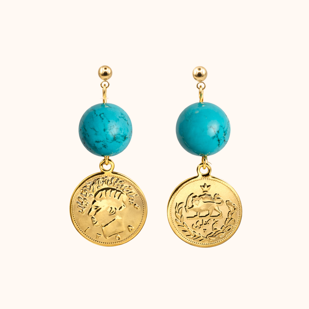 ROMALI IRAN Turquoise Pahlavi Coin Drop Earrings | 18K Gold-Plated ...