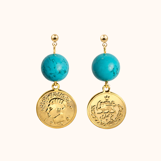 ROMALI Turquoise Pahlavi Coin Drop Earrings | 18K Gold-Plated