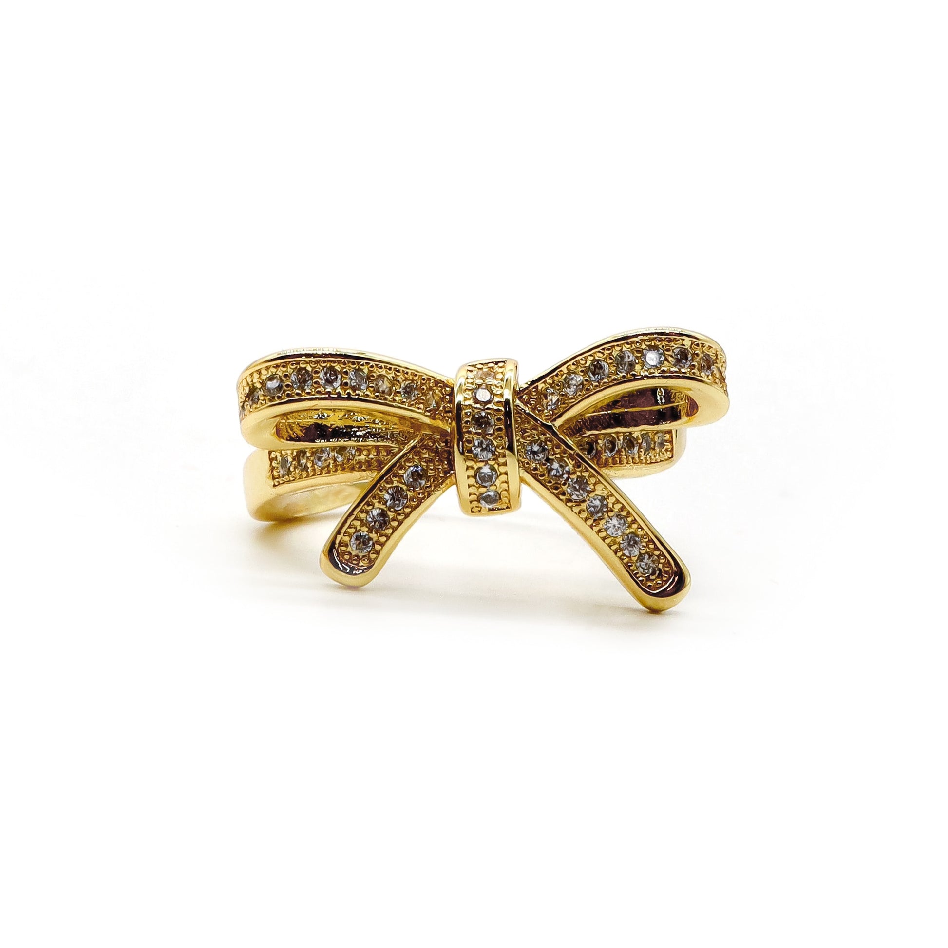 18K Gold-Plated Bow Ring with Sparkling Stones – Adjustable Size