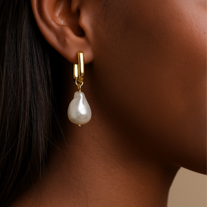 ROMALI 18k Gold-Plated Drop Shell Pearl Rectangle Hoop Dangle Earrings - ROMALI