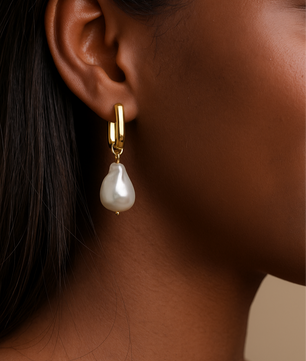 ROMALI 18k Gold-Plated Drop Shell Pearl Rectangle Hoop Dangle Earrings - ROMALI