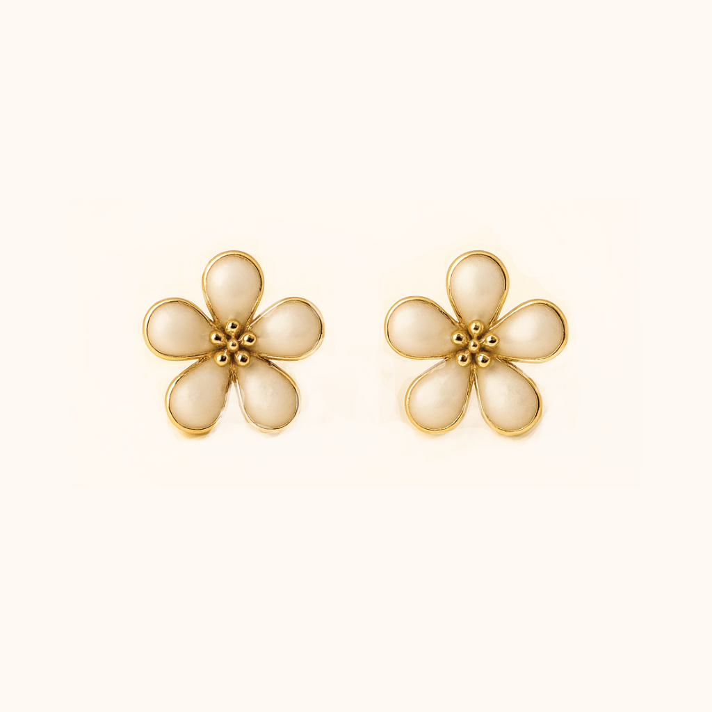 ROMALI 18K Gold-Plated Enamel Flower Stud Earrings – Dainty Five-Petal Floral - ROMALI