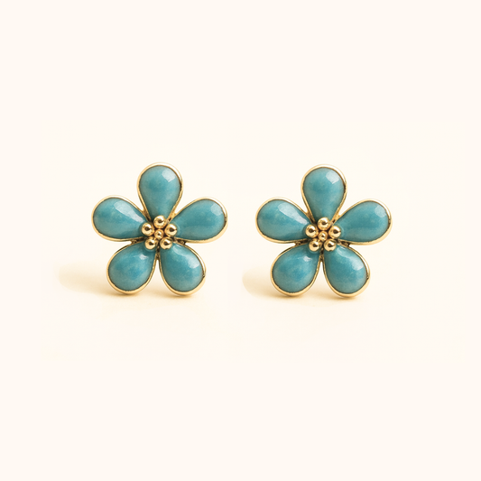 ROMALI 18K Gold-Plated Enamel Flower Stud Earrings – Dainty Five-Petal Floral - ROMALI