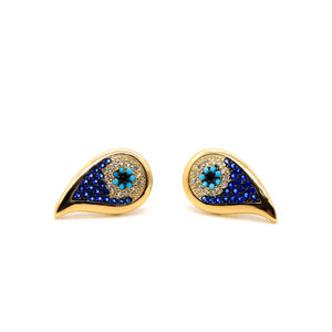 ROMALI 18k Gold-Plated Teardrop Evil Eye Stud Earrings with Blue Crystals