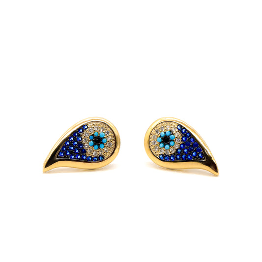 ROMALI 18k Gold-Plated Teardrop Evil Eye Stud Earrings with Blue Crystals