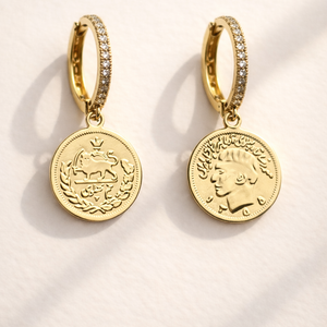 ROMALI Lion & Sun Iranian Coin Hoop Dangle Earrings | 18K Gold-Plated