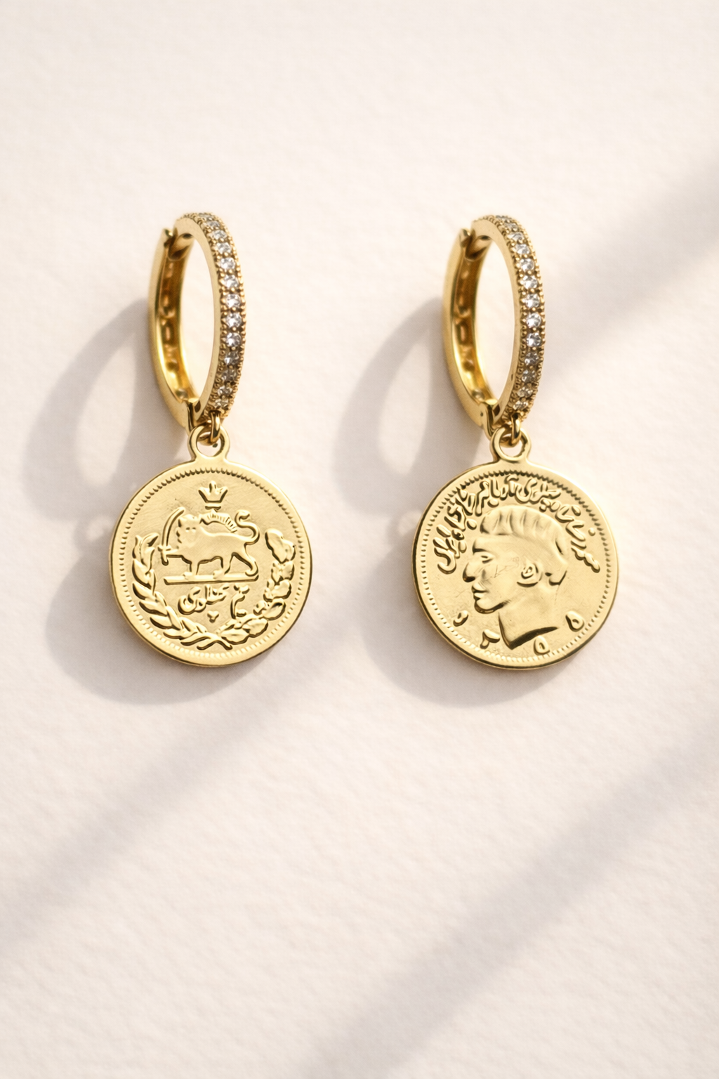 ROMALI Lion & Sun Iranian Coin Hoop Dangle Earrings | 18K Gold-Plated
