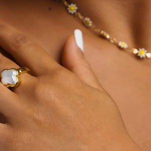 ROMALI 18K Gold Plated Clover Shell Pearl Ring - ROMALI