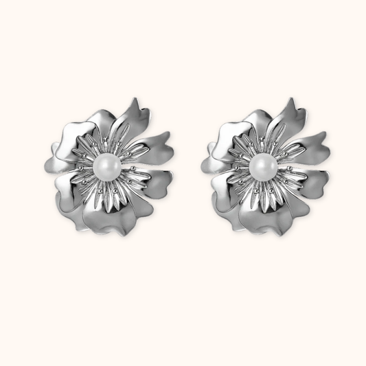 ROMALI 18K Silver-Plated Flower Stud Earrings with Pearl Center - ROMALI