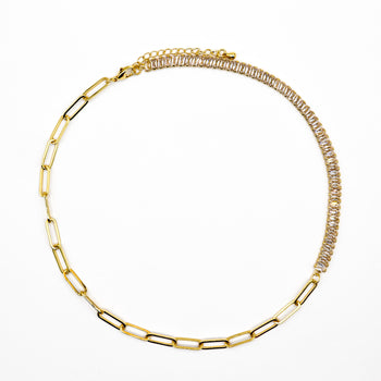 Gold-Plated Cubic Zirconia & Paperclip Chian Necklace - ROMALI