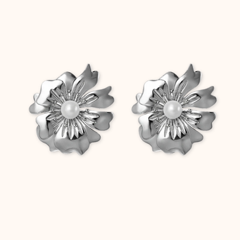 ROMALI 18K Silver-Plated Flower Stud Earrings with Pearl Center - ROMALI