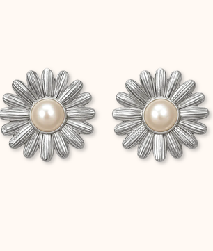 ROMALI Silver Daisy Bloom Stud Drop Earrings – Shell Pearl Center - ROMALI