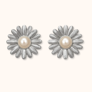 ROMALI Silver Daisy Bloom Stud Drop Earrings – Shell Pearl Center - ROMALI