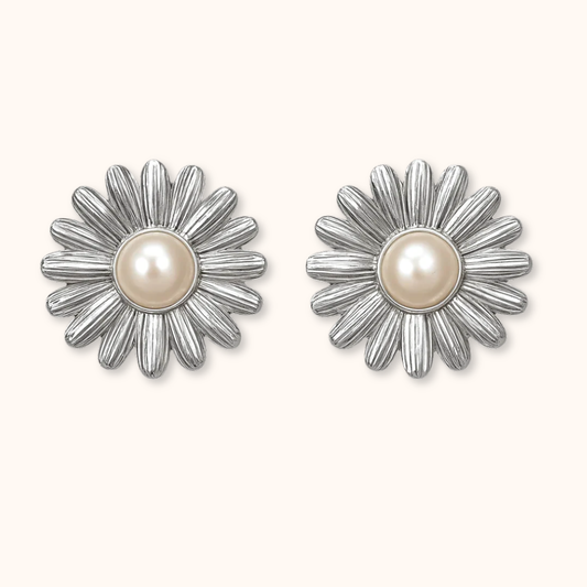 ROMALI Silver Daisy Bloom Stud Drop Earrings – Shell Pearl Center - ROMALI