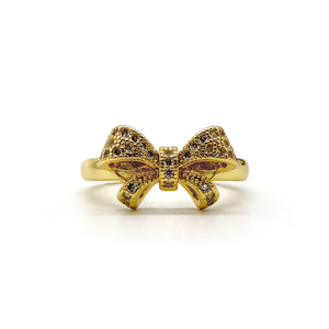 18K Gold-Plated Bow Ring with Pavé Stones – Adjustable