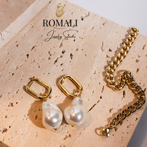 ROMALI 18k Gold-Plated Drop Shell Pearl Rectangle Hoop Dangle Earrings - ROMALI