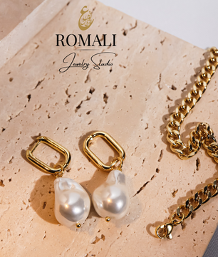 ROMALI 18k Gold-Plated Drop Shell Pearl Rectangle Hoop Dangle Earrings - ROMALI