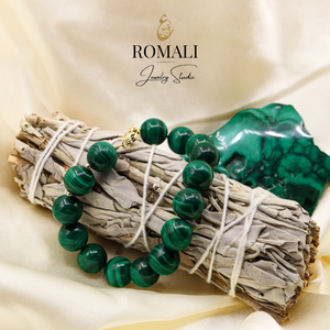 18k Gold-Plated Natural Malachite 10mm Bracelet - ROMALI