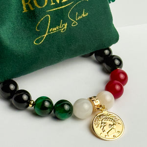 ROMALI Iran Beaded Bracelet | Green Tiger's Eye White Jade Cherry Jade | Unisex