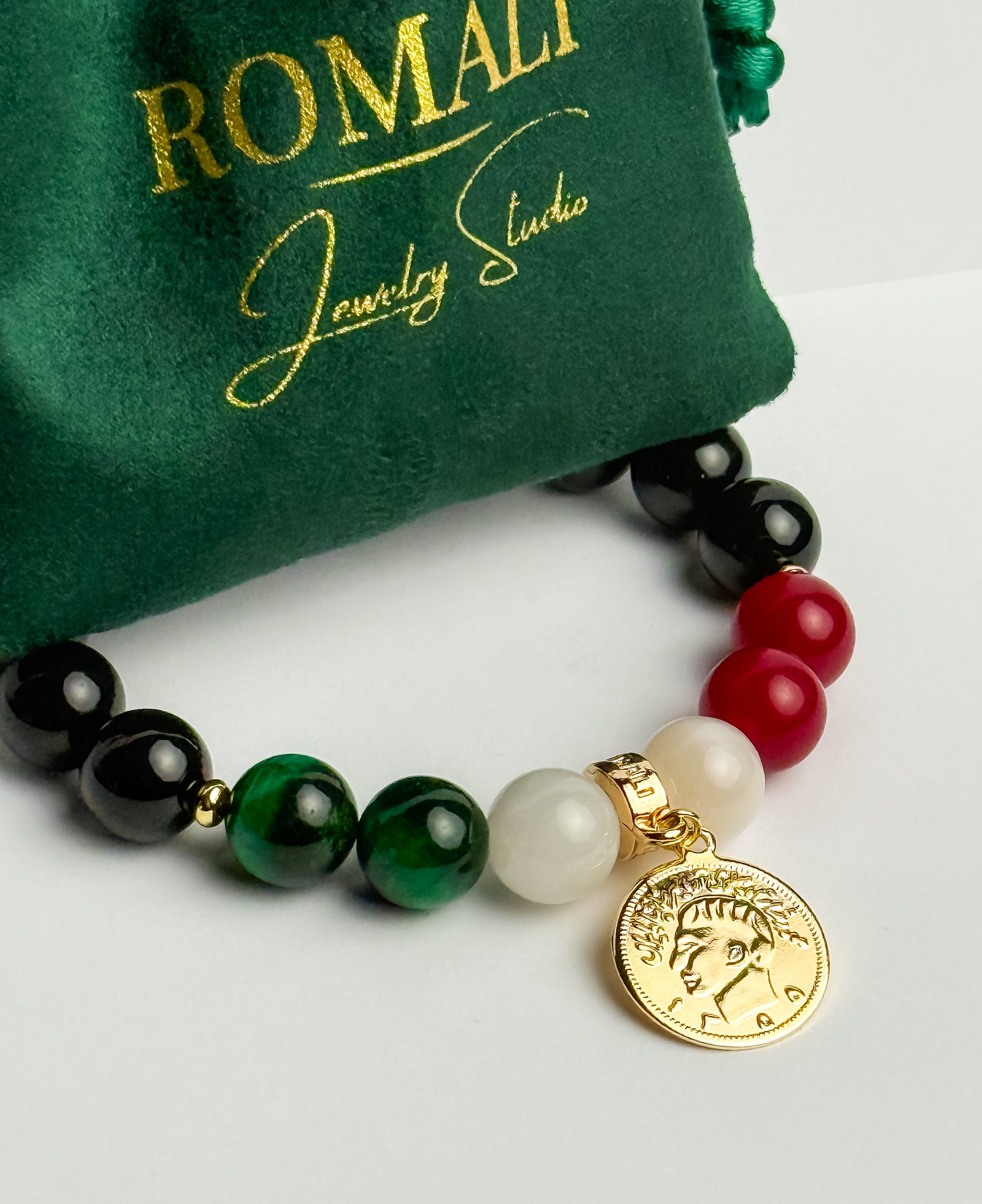 ROMALI Iran Beaded Bracelet | Green Tiger's Eye White Jade Cherry Jade | Unisex