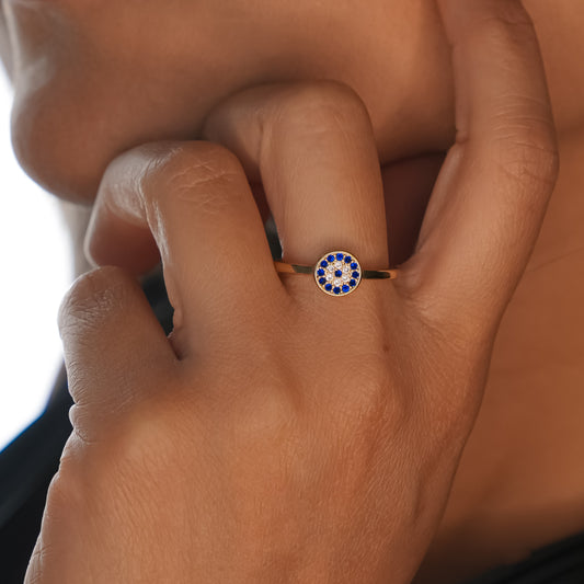 ROMALI 18K Gold Plated Round Evil Eye  Crystal Ring - ROMALI