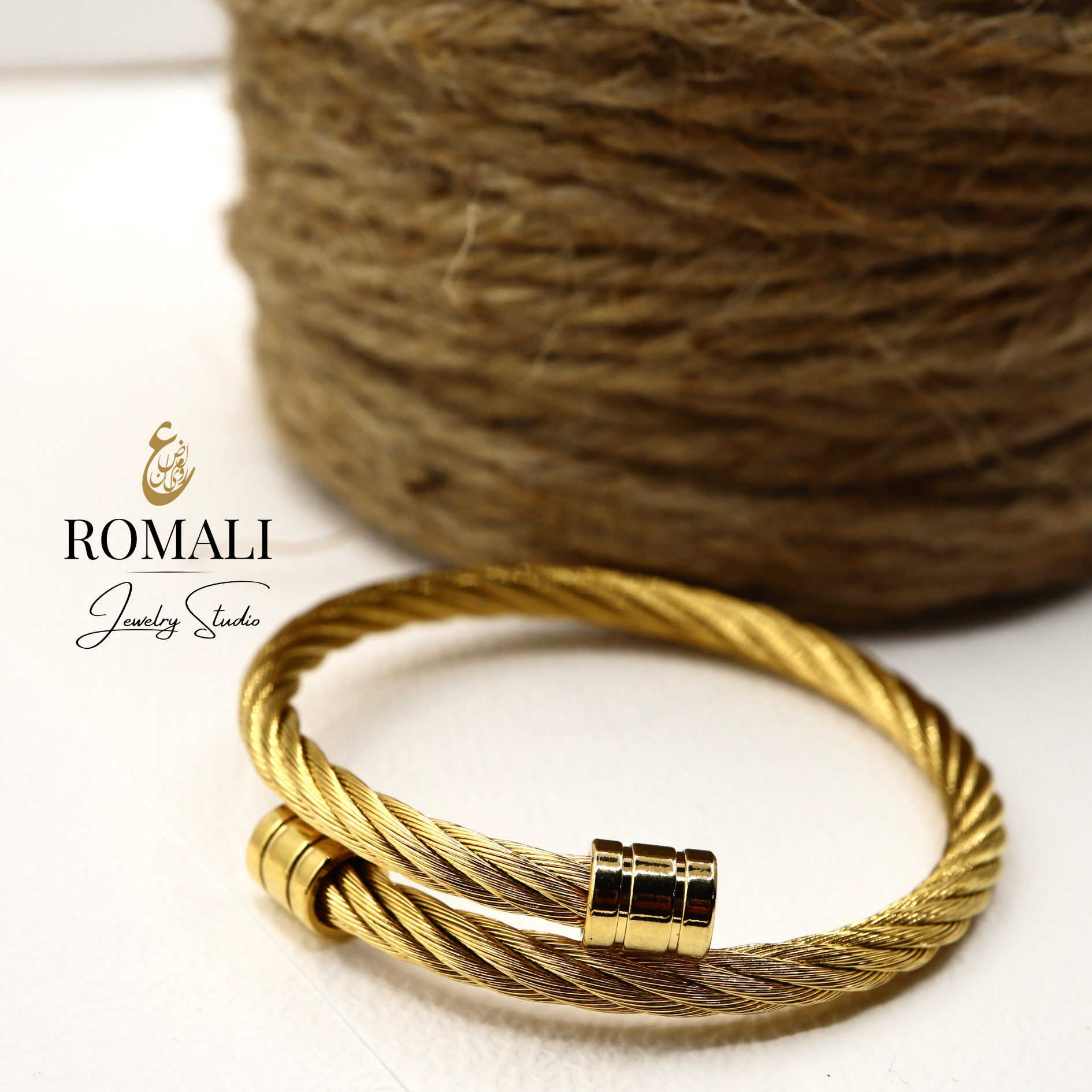 ROMALI 18K Gold-Plated Golden Cable Bracelet- Adjustable Bangle