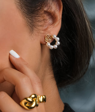 ROMALI 18k Gold-Plated Rose and Pearl Hoop Earrings - ROMALI