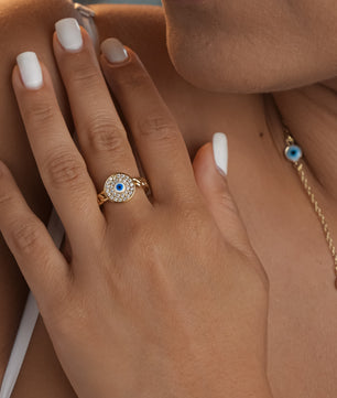 ROMALI 18K Gold-Plated Evil Eye Adjustable Ring - ROMALI
