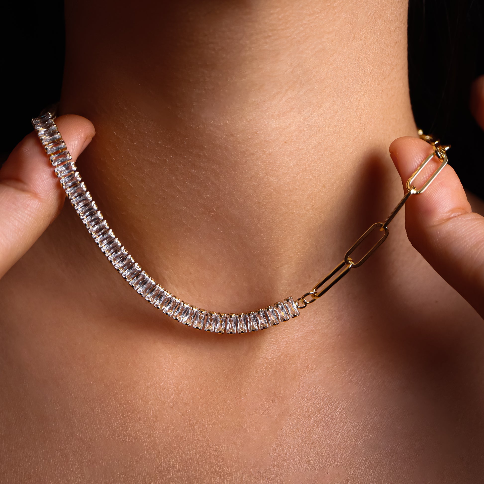 Gold-Plated Cubic Zirconia & Paperclip Necklace