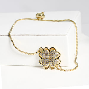 ROMALI 18K Gold-Plated Adjustable Shiny Crystal Clover Bracelet - ROMALI