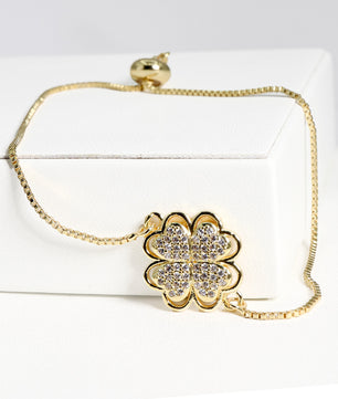 ROMALI 18K Gold-Plated Adjustable Shiny Crystal Clover Bracelet - ROMALI