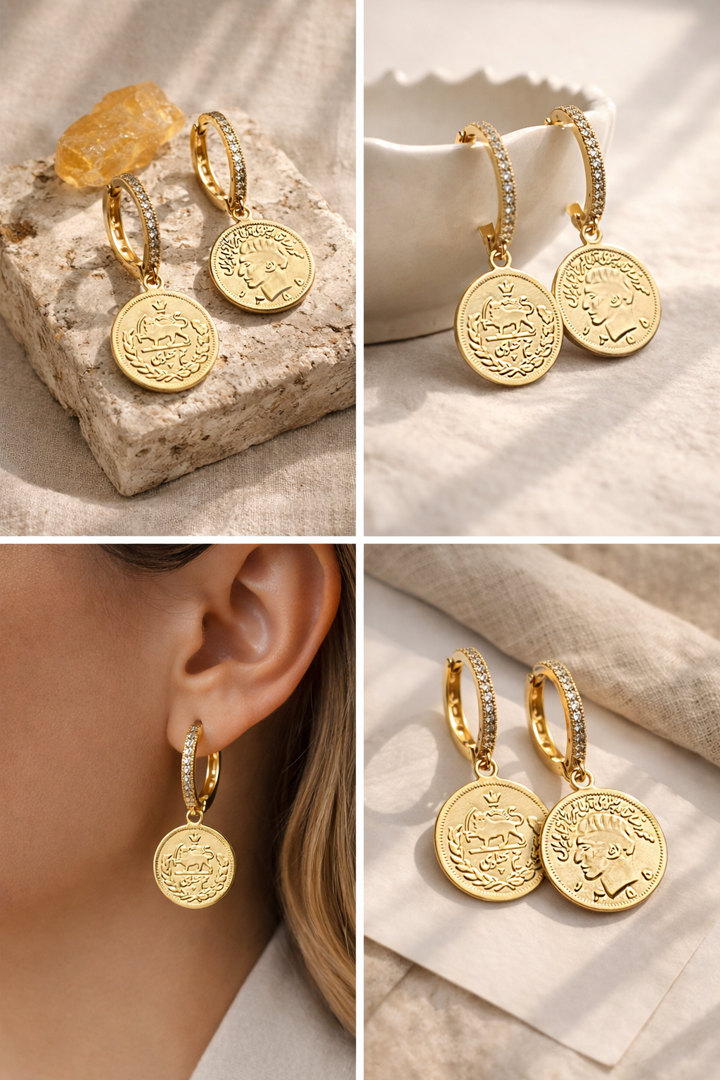 ROMALI Lion & Sun Iranian Coin Hoop Dangle Earrings | 18K Gold-Plated