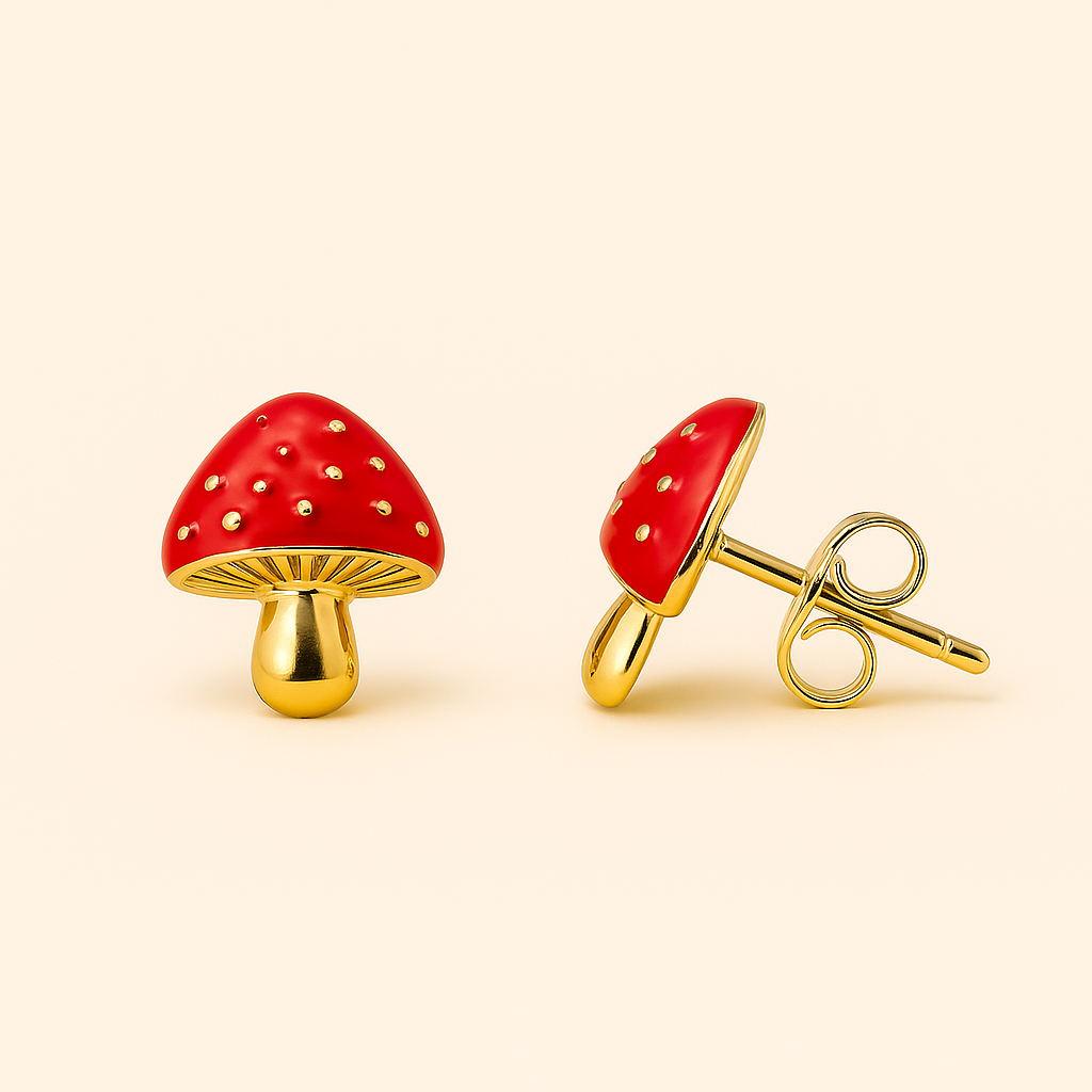 ROMALI 18K Gold-Plated Red Enamel Mushroom Stud Earrings - ROMALI
