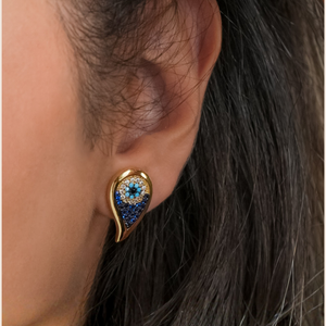 ROMALI 18K Gold-Plated Teardrop Peacock Eye Stud Earrings – Blue Crystal Protection