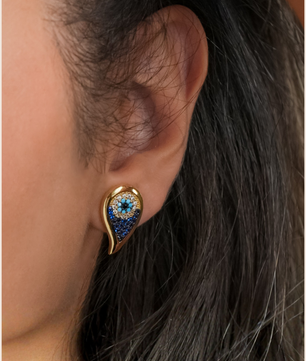 ROMALI 18K Gold-Plated Teardrop Peacock Eye Stud Earrings – Blue Crystal Protection