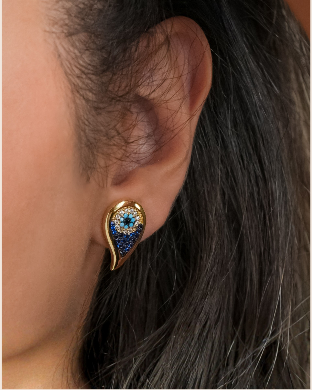 ROMALI 18K Gold-Plated Teardrop Peacock Eye Stud Earrings – Blue Crystal Protection