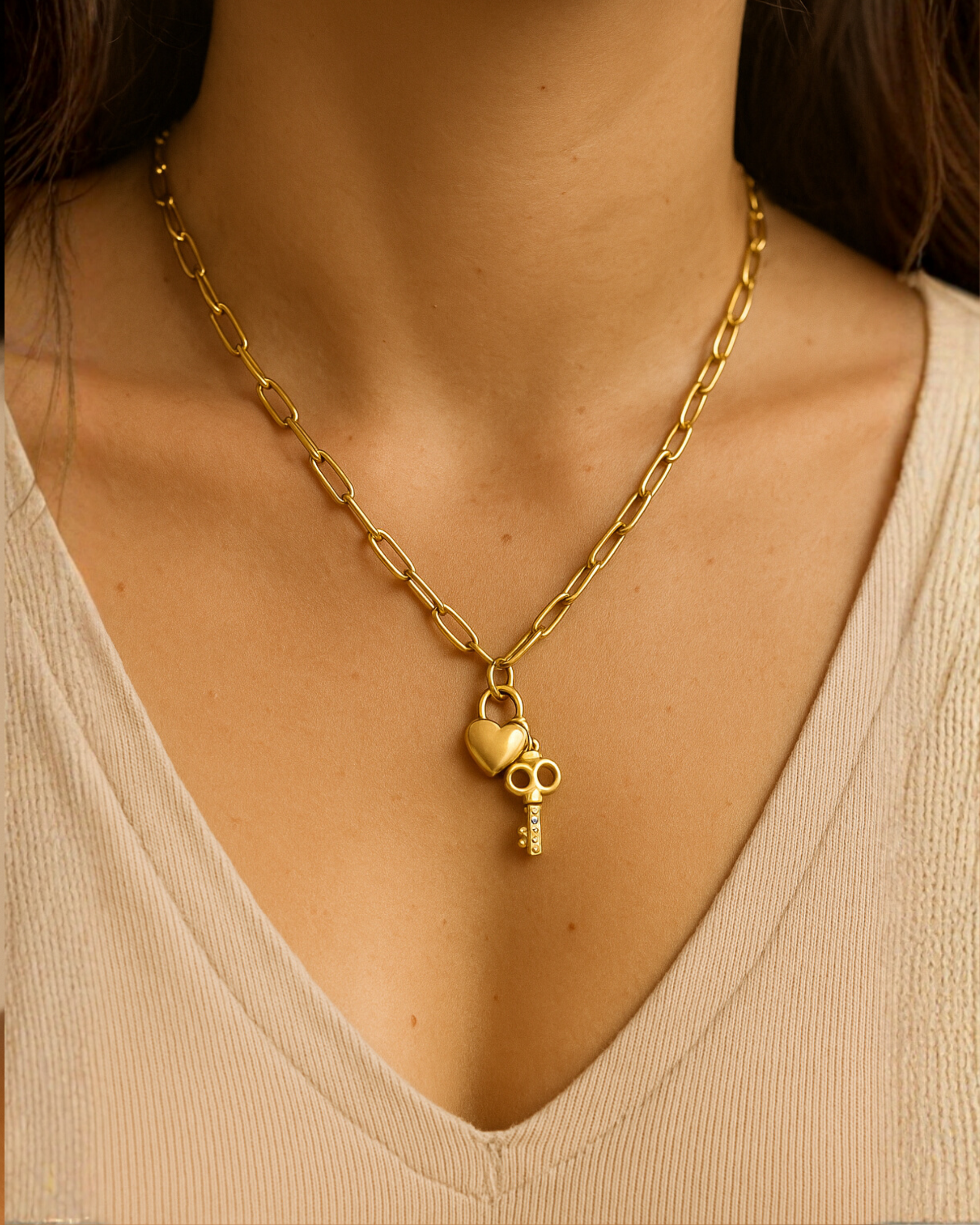 ROMALI 18K Gold-Plated Lock & Key Paperclip Pendant Necklace