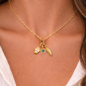 ROMALI Hamsa Evil Eye & Feather Charm Necklace | 18K Gold-Plated
