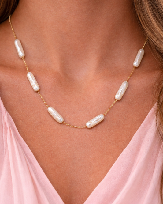 ROMALI Baroque Rectangle Pearl Station Necklace – Modern Pearl Elegance | 18K Gold-Plated