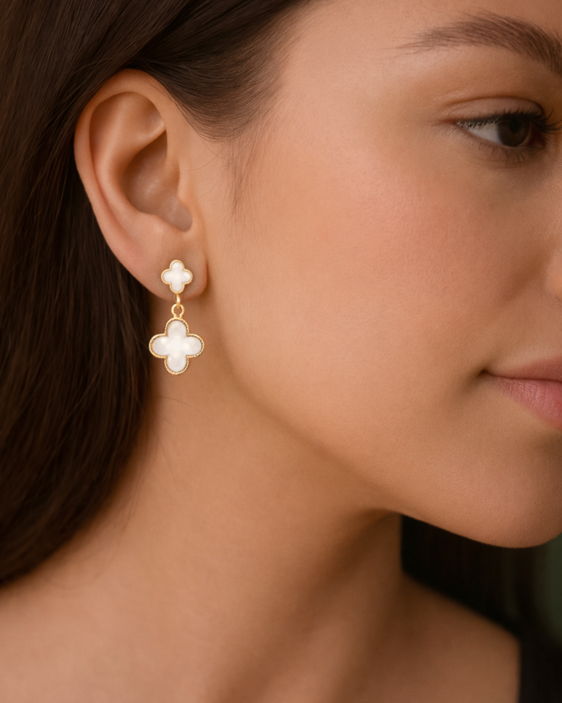 ROMALI Mother-of-Pearl Double Clover Drop Earrings | 18K Gold-Plated