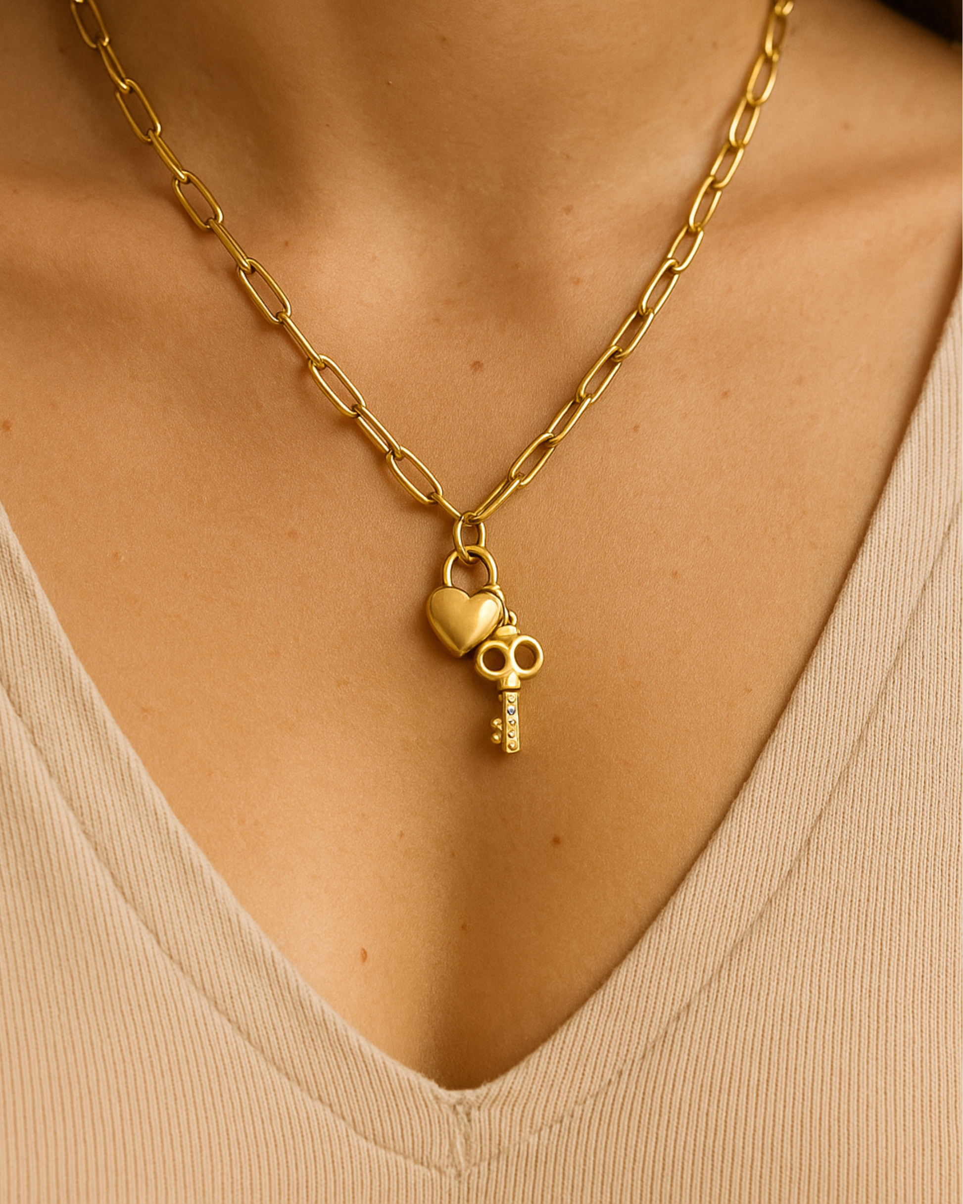 ROMALI 18K Gold-Plated Lock & Key Paperclip Pendant Necklace